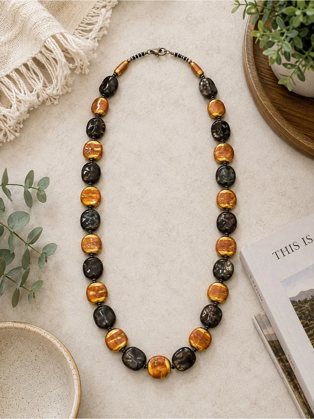 Orange Gold & Smoky Brown Beaded Statement Necklace Lobster Clasp